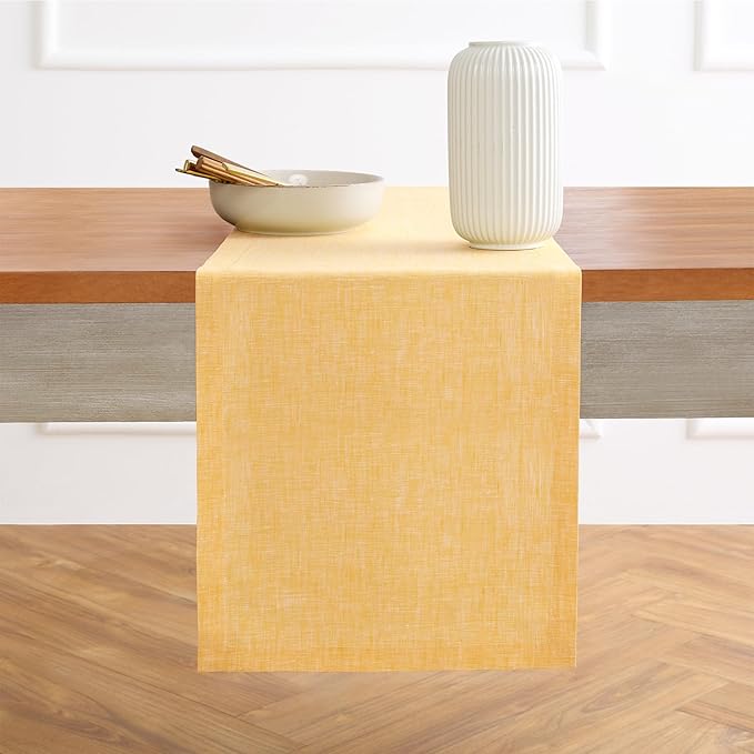 Solino Home Linen Small Table Runner 36 Inches - Athena, 100% Pure Linen Chambray Mustard Yellow Table Runner 14 x 36 Inch Ideal for Dresser and Coffee Tables, Spring, Easter