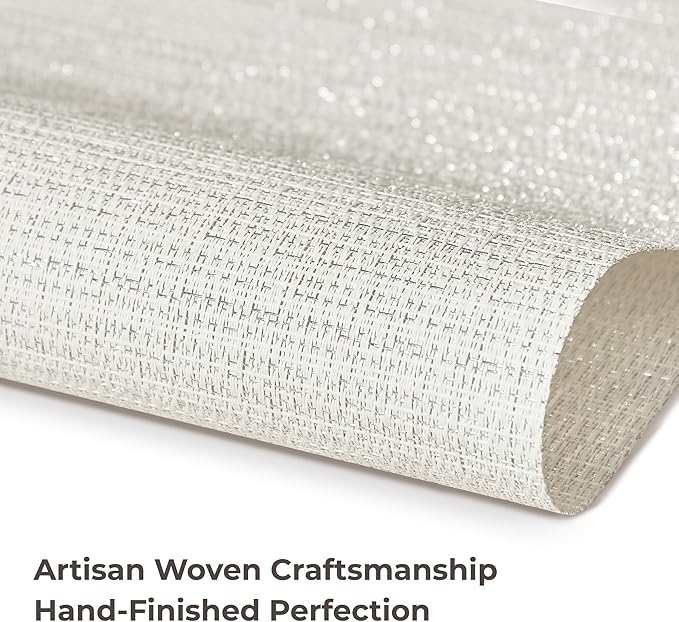Leetaltree Luxury White and Silver Woven Placemats Set of 6 - Waterproof Washable Textured Table Mats for Wedding, Anniversary, Daily Use - Sparkling Metallic Thread Table Decor - Hand-Cut