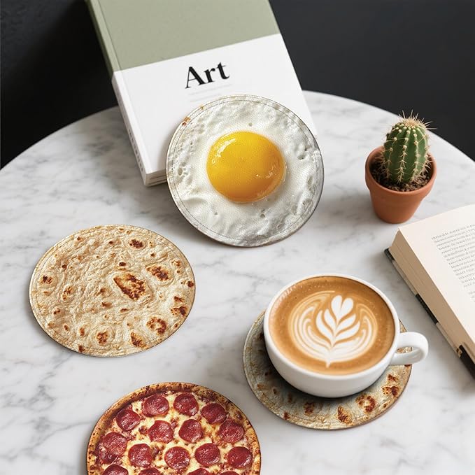 Food Coasters Leather Round Drink Coasters 6 Pcs Set with Holderor for Cup Drink Coffee Table Bar Home Decor