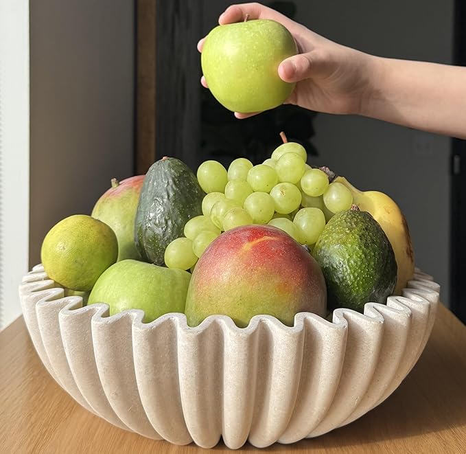 12" Extra Large Decorative Bowl – Decorative Fruit Bowl for Kitchen Counter, Modern Handmade Bowls for Home Decor, Ruffle Decor, Stylish Key Bowl for Entryway Table, Beige Artificial Stone