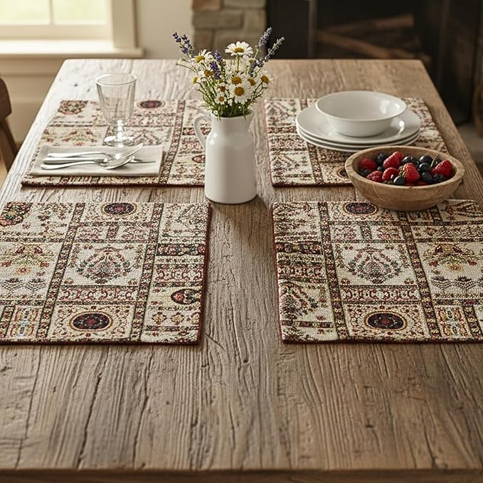 DaDa Bedding Elegant Floral Tapestry Placemats - Set of 4, Mughal-Inspired Woven Cotton Linen Dining Mats, Multi-Colored Vintage Garden Design - 13” x 19
