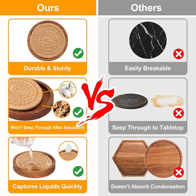 5 Pcs Best Absorbent Wooden Coasters Set - 4 Inches Brown Woven Coaster Modern Acacia Wood Coasters for Drinks, Coffee Table Decor, Farmhouse, Bar, Office, Beer, Kitchen, Dining Room, Outdoor, Desk