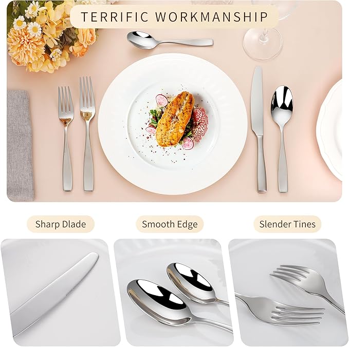 70-Piece 18/10 Stainless Steel Flatware Set for 12 with 2 Sets of Serving Utensil, Heavy Duty Silverware Set, High End Flatware, Dishwasher Safe, Ideal for Gift