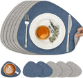 Placemats and Coasters, Washable Placemats Round Faux Leather Wipeable Place Mats Non Slip Heat Resistant Indoor Outdoor Table Mats (Set of 6, Light Gray Navy Blue)