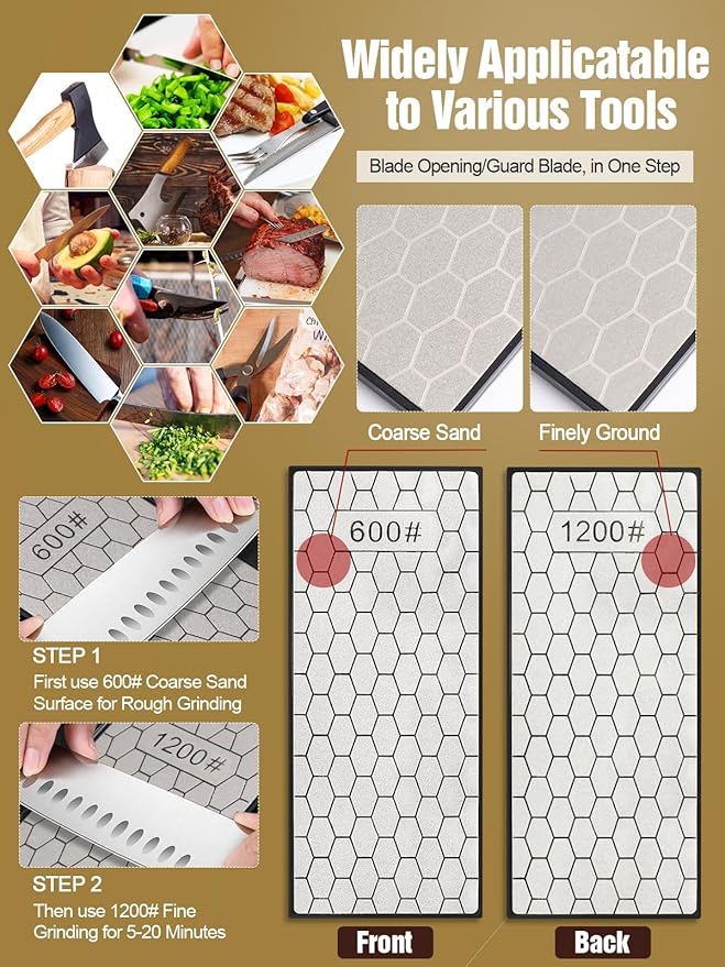 Double-Sided Diamond Sharpening Stone, Kalolary Knife Sharpener Stone Whetstone Honeycomb Surface Plate with Non-slip Base for Scissors Knives Outdoor Kitchen Sharpen Tools (600/1200 Grit, 150 x 63mm)