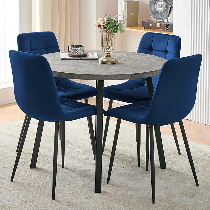 Modern 4-Person Round Dining Table Set, Space-Saving for Kitchen, Living Room, Apartment, Includes Dining Table & 4 Blue Chairs,Small Dining Room Set for 4