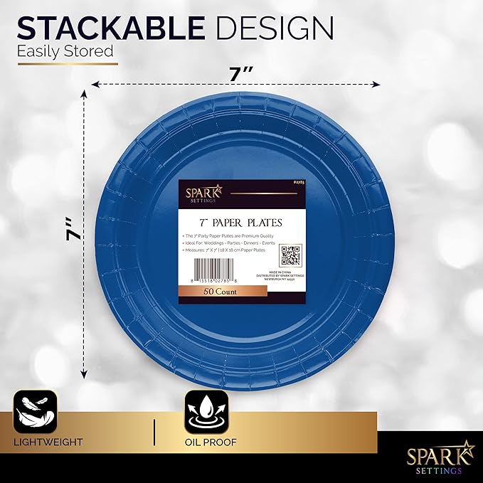 Disposable Paper Plates Royal Blue, 7 Inch Paper Dessert Plates, Strong and Sturdy Disposable Plate for Party, Dinner, Holiday, Picnic, or Travel Party Plate, Pack of 50