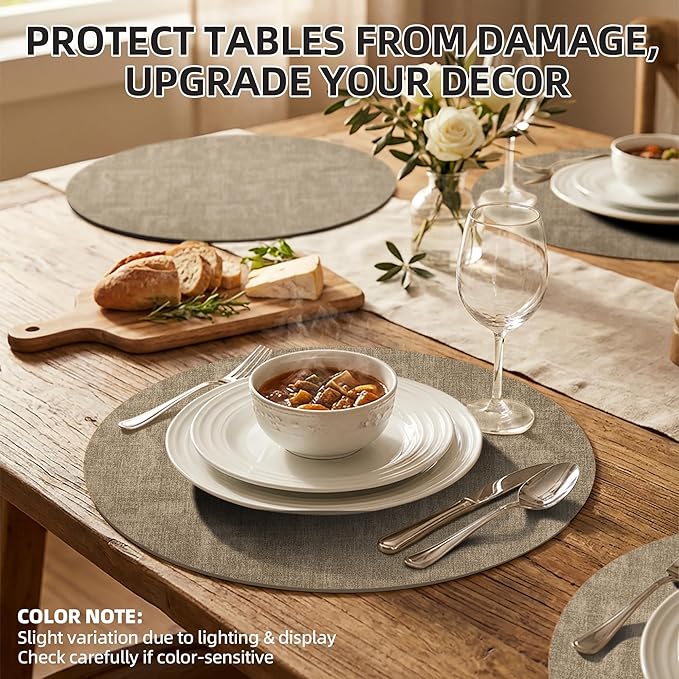 15 inch Faux Leather Round Placemats Set of 4 Non-Slip Washable Wipeable Table Mats, Heat Resistant Waterproof Oilproof Light Coffee Place Mats for Kitchen, Dining, Party, Indoor, Outdoor