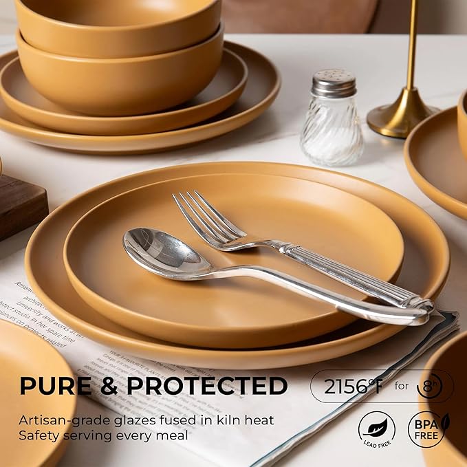 12-Piece Matte Orange Dinnerware Set,Stoneware Dinnerware for 3, Microwave & Dishwasher Safe, Stackable Design for Kitchen and Dining - Plates,Bowls and Mugs