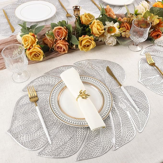 Evevda Silver Leaf Shaped Vinyl Placemats for Dinner Table Set of 8 Metallic Plastic Place Mats Wipeable 8Pcs Table Mats for Wedding Annersary Dinner Table Decoration Mats(17.7x13.8inch/45x35cm)…