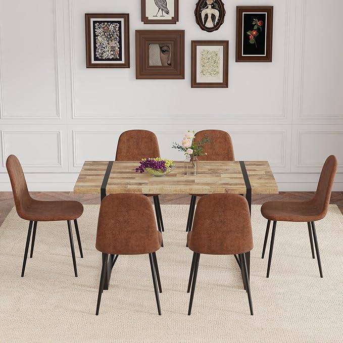 6 Chair Dining Table Set，Dinner Table Set for 6, 55'' Kitchen Table and PU Leather Chairs Set of 6, 7 Piece Dining Table Set for Kitchen Dining Room