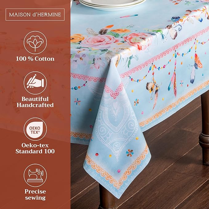 Maison d' Hermine Table Cloth Square Table 100% Cotton 60 x 60 Inches Tablecloth Reusable Decorative for Dining Room Farmhouse Home Valentines Day Decorations Spring Summer - Ibiza - Blue
