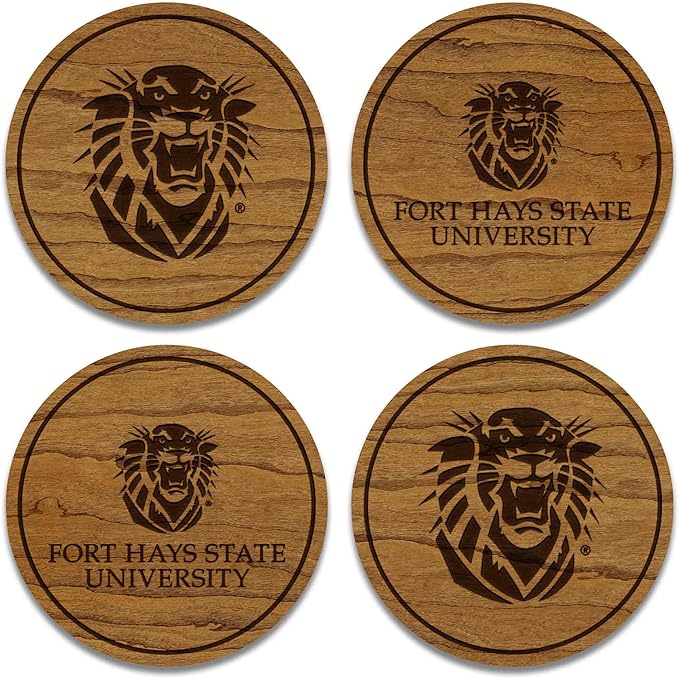 LazerEdge Fort Hays Tigers Wooden Coaster Set - Cherry Wood - Officially Licensed Product - 4-Pack