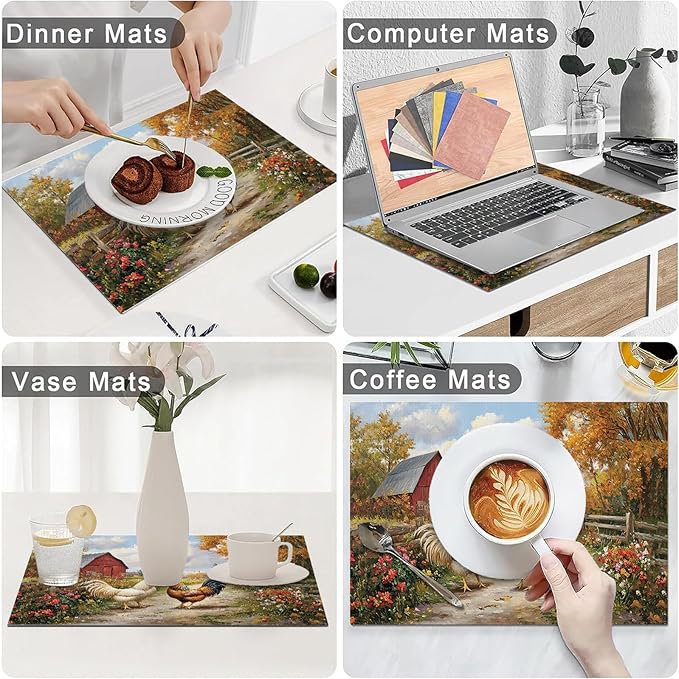 Farmhouse Rooster Placemats Set of 6, Farm Chicken Place Mats, Rustic Farm Coop Waterproof Washable Table Mats for Home Party Indoor Kitchen Dining Table Decoration 12x18 Inch