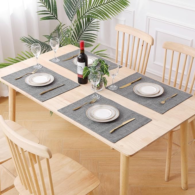 homing Cotton Linen Placemats Set of 4, Cloth Washable Farmhouse Dining Table Mats for Indoors & Outdoors, Easy to Clean, Dark Grey, 13 x 19 Inch