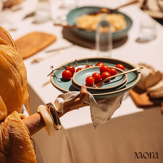 MORA Large Plates Set of 4, 10.5 inch Ceramic Pottery Dinner Plates - Microwave, Oven and Dishwasher Safe - Iris