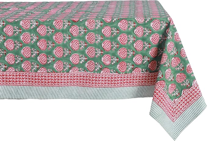 ATOSII Roma Green 100% Cotton Rectangle Spring Summer Tablecloth, Handblock Floral Table Cloth Linen for Kitchen Dining I Parties Wedding Outdoors Easter Picnics Holidays I 72 X 140 Inches I 12 Seater