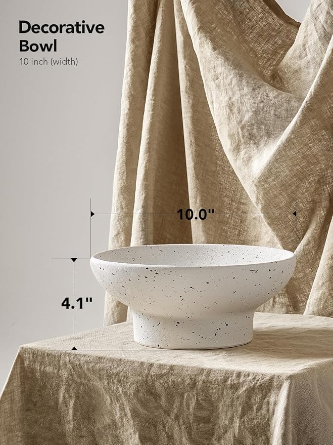 LE TAUCI 10" Ceramic Decorative Bowl, Key Bowl for Entryway, Handcrafted Sturdy Pedestal Bowl, Modern Farmhouse Fruit Bowl for Kitchen Counter, Centerpiece, Speckled White
