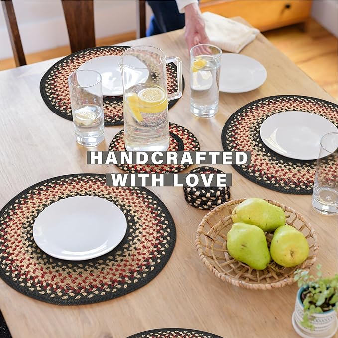 Homespice Primitive Star Gloucester Jute Woven Round Placemats Set of 6, 15", Warm Primitive Decor, Black and Red Table Mats - Vibrant Colors, Durable, Easy to Clean and Protects Furniture