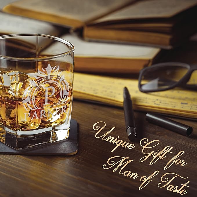 Customization Mill Single, Monogrammed Whiskey Rocks Glasses w/Name & Initial - Whiskey Gifts for Men - 9 Designs - Personalized Bourbon Whiskey Glasses