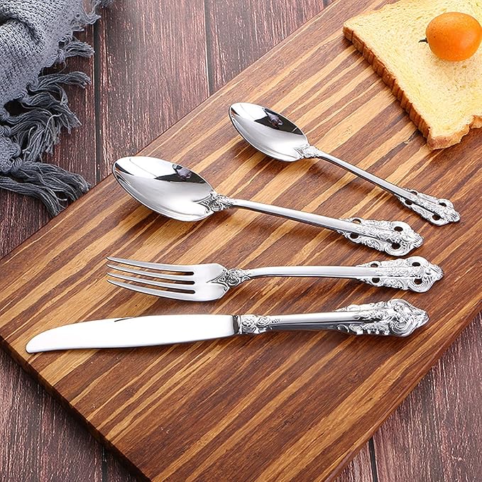 Silverware Set 18/10 Stainless Steel Flatware Sets Palace Style 24 Piece Delicate Cutlery Set for 6 Durable Home Kitchen Wedding Tableware Utensil Include Knifes Teaspoons Forks and Spoons