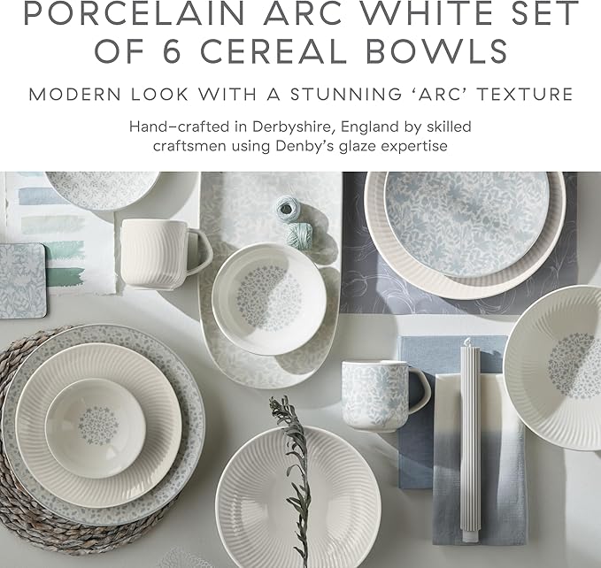Denby - Arc White Porcelain Cereal Bowls Set of 6 - Dishwasher Safe, Microwave Safe Tableware - Scratch Chip Resistant, 6.7" Soup, Dessert, Ice Cream Bowls For Kitchen