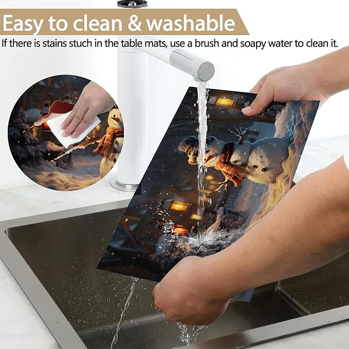 Christmas Snowman Placemats Set of 6, Linen Washable for Christmas, Thanksgiving, Party, and Daily Dining, Decorative Winter Table Mats for 4-6 Person Table