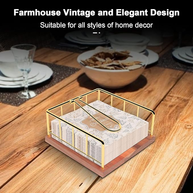 Livabber Flat Napkin Holder, Metal Kitchen Napkin Storage with Weighted Tension Arm Rustic Tissue Paper Dispenser for Countertop, Table Kitchen, Dining Room (With Wooden Base, Gold)