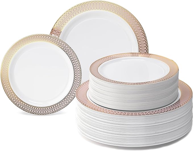 " OCCASIONS " 120 Plates Pack,(60 Guests) Premium Premium Wedding Party Disposable Plastic Plates Set -60 x 10'' Dinner + 60 x 7.5'' Salad/Dessert (Venice Blush and Gold)