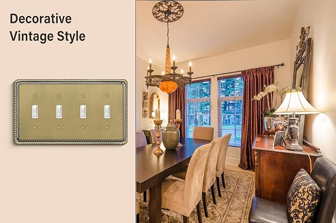 Henne Bery Rope Edge Decorative Wall Plate Switch Plate Outlet Cover (Quad Toggle, Antique Brass)