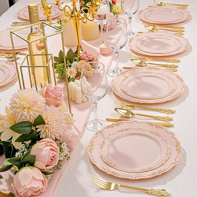 DaYammi 150Pcs Pink Plastic Plates with Gold Rimmed & Gold Silverware,Pink Disposable Plates for Party Include 30 Dinner Plate,30 Dessert Plate,30 Knives,30 Forks,30 Spoons for Valentine's Day Party