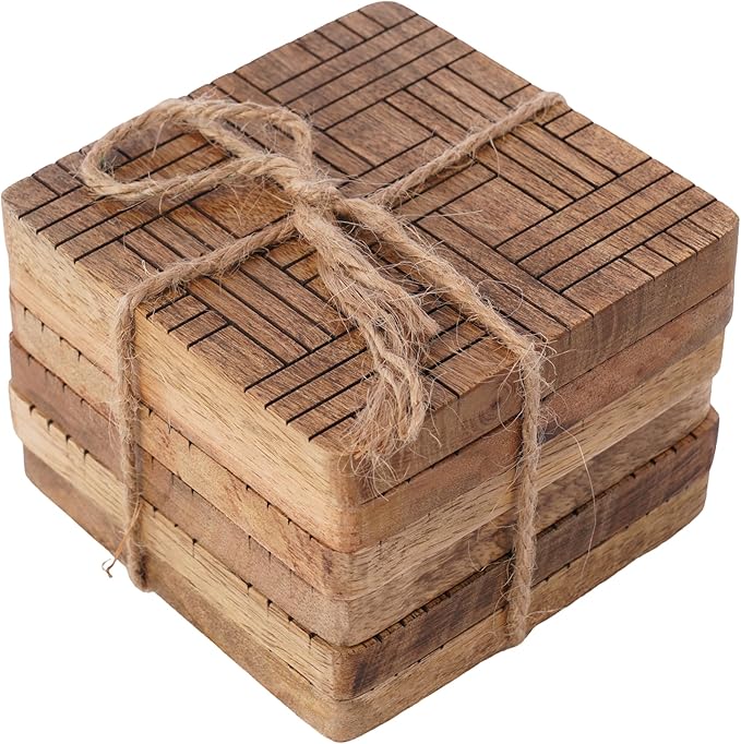 Set of 6 Wood Coasters - Natural Mango Wooden Coasters for Drinks, Beverages, Wine Glasses & Bar Glasses - Rustic & Durable Drink Coasters - Coaster Set for Home, Kitchen, Dining, Bar Decor
