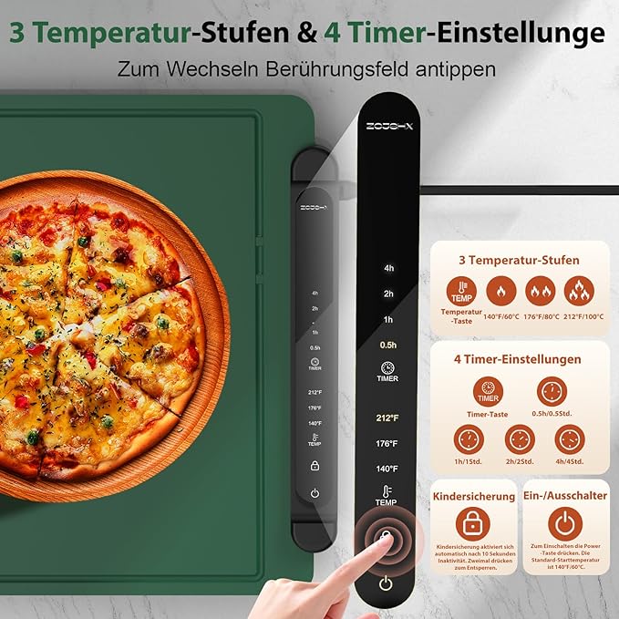 Food Warming Mat Electric Tray: Adjustable Silicone Heating Pad with 3 Temperature Settings 4 Timer Function Portable Roll Up Hot Plate for Buffets Party Gatherings Kitchen Warmer Countertop Green