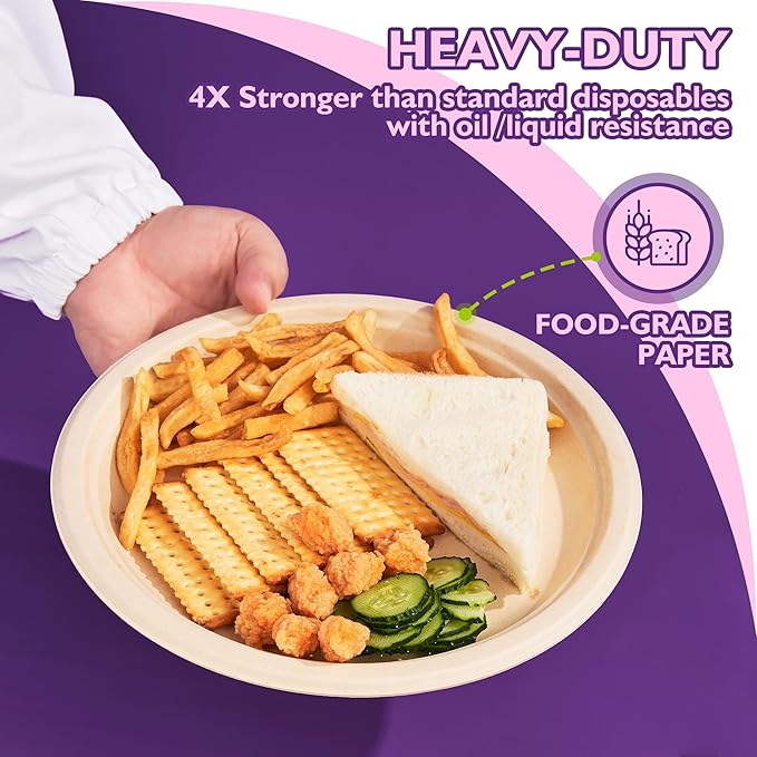 9 Inch 125 Pack Compostable Paper Plates, Biodegradable Heavy Duty Disposable Plates, Round Unbleached Brown Plates Made from Natural Sugarcane Fibers, for Party, Camping, Picnic