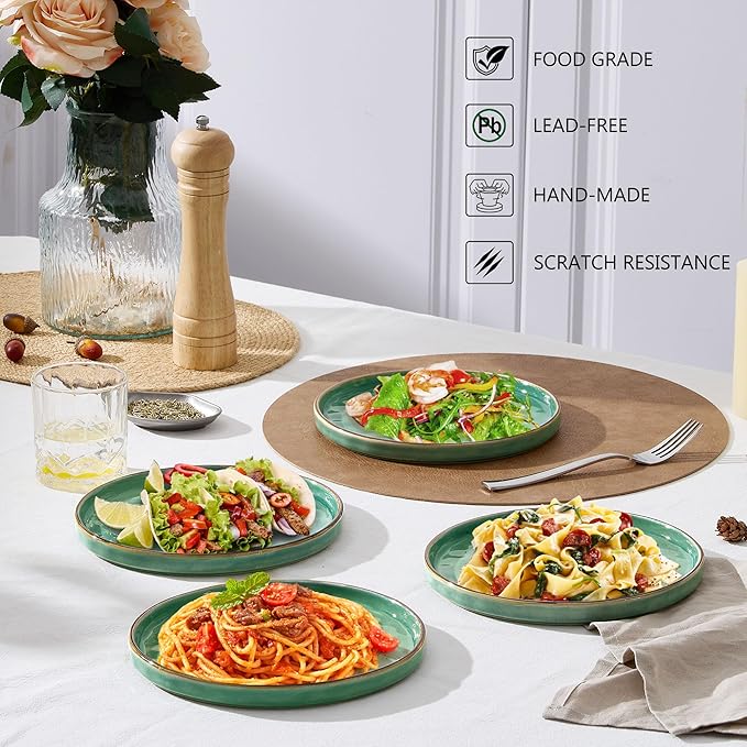 LIANYU 7.9 Inch Dessert Plates of 4, Kitchen Ceramic Dinner Plates Set, Dinnerware Serving Dishes Set, Dinnerware Salad Appetizer Plates for Microwave Dishwasher Oven, Chip Resistant, Emerald Green
