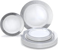 OCCASIONS 120 Plates Pack,(60 Guests) Heavyweight Premium Wedding Party Disposable Plastic Plates Set -60 x 10.5'' Dinner + 60 x 7.5'' Salad/Dessert (Linen White & Silver)