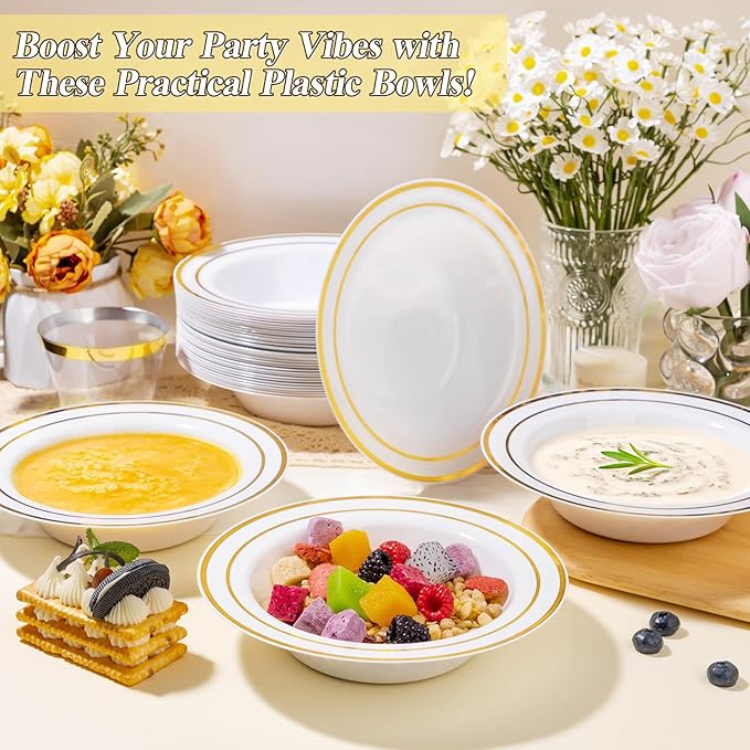 BESTSTAR 200 Pack Disposable Soup Bowls with Gold Rim, 12oz Premium Heavy Duty Plastic Dinner Bowls for Party, Wedding and Holiday