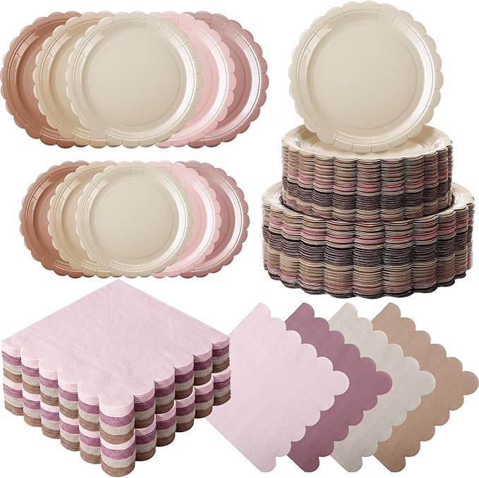 200 Pcs Boho Party Supplies Plates and Napkins Tableware Set Serve 25 Guests Includes Scalloped 9" 7" Paper Dessert Dinner Plate Napkins for Spring Birthday Wedding Baby Shower Tea Party