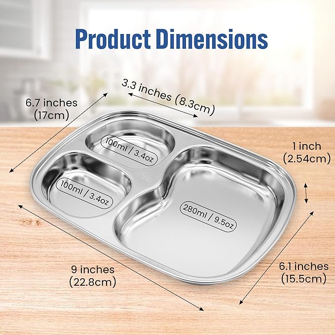 Korean Stainless Steel Divided Plates for Toddlers, Kids, Babies, Premium 304, Electro-Polished, No Black Residue, BPA-Free, 3-Compartment Plate, Food Tray for Camping, Balanced Meals, Set of 2