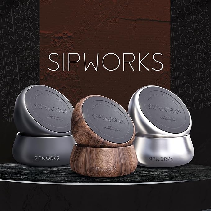 Sipworks Stainless Steel Dog Bowl – 32oz Weighted Metal Food and Water Bowls for Dogs and Cats with Non-Slip Base - Pet Bowls for All Breeds Sizes for Travel & Outdoor Play - Steel