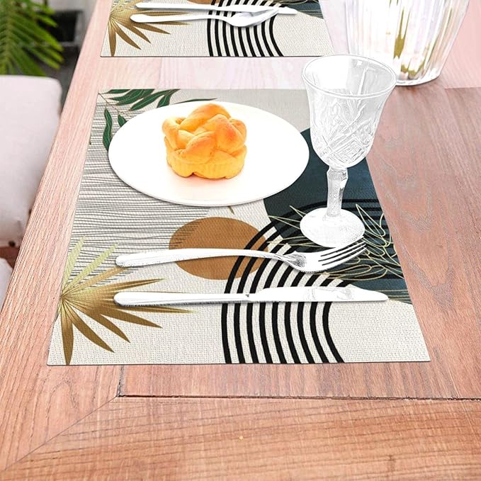 Mid Century Placemats 12x18 Inches Set of 4, Modern Boho Green Navy Blue Tropical Leaf Decorative Rectangle Table Mats for Party, Home Kitchen,Dining Table Decoration