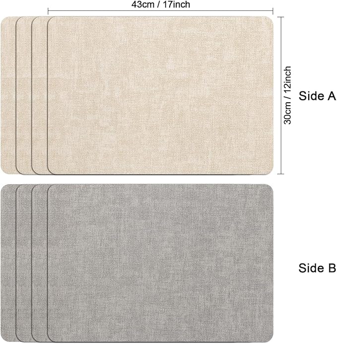 Myir JUN Reversible Vinyl Placemats Set of 6, Faux Leather Place Mats Dual Sided Waterproof Wipeable, Heat-Resistant Table Mats for Kitchen Dining Indoor Outdoor (12" x 17", Light Gray Cream-White)