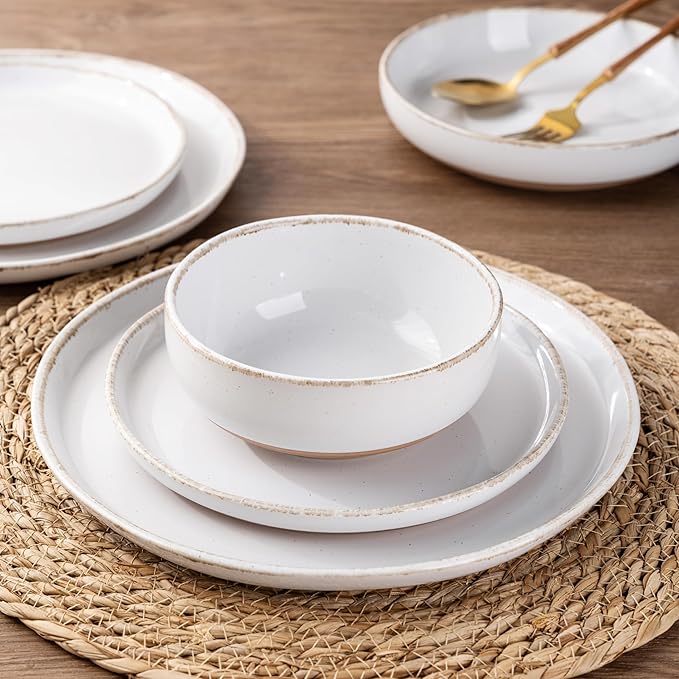AmorArc 24 Pieces Ceramic Dinnerware Sets for 8, Handpainted Stoneware Plates and Bowls Set with Rustic Terracotta Underside, Scratch Resistant Dishes Set, Dishwasher & Microwave Safe, White