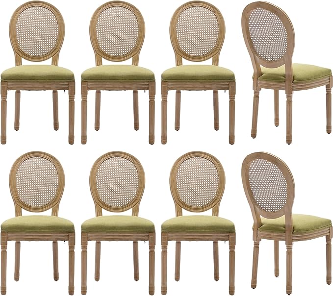Vintage French Rattan Dining Chairs Set of 8, Round Back Accent Chairs with Rattan Backrest and Upholstered Linen Seat, Solid Frame Wood Sillas de Comedor for Dining Room & Kitchen, Olive Green