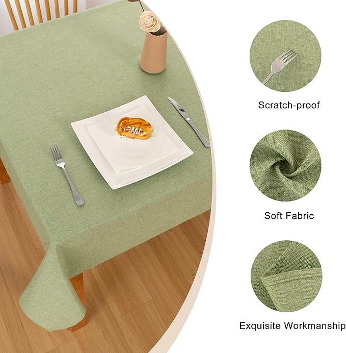 Hiasan Faux Linen Rectangle Tablecloth - Wrinkle and Stain Resistant Washable Table Cloth for Kitchen Dining Room Holiday Table Cover for Dinner, Green, 90 x 132 Inch