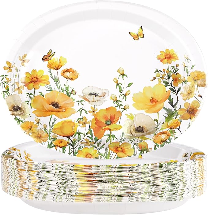 50Pcs Spring Floral Oval Paper Plates 10" x 12" Large Disposable Heavy Duty Watercolor Calliopsis Flower Platters Yellow Flowers Dessert Plates for Seasonal Lunch Dinner Birthday Party Supplies