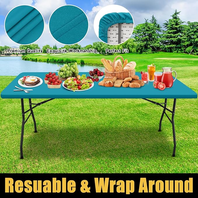 Smiry Rectangle Picnic Table Cloth, Waterproof Elastic Fitted Tablecloths for 4 Foot Tables, Washable Polyester Table Cover for Camping, Indoor and Outdoor (Teal, 30"x48")
