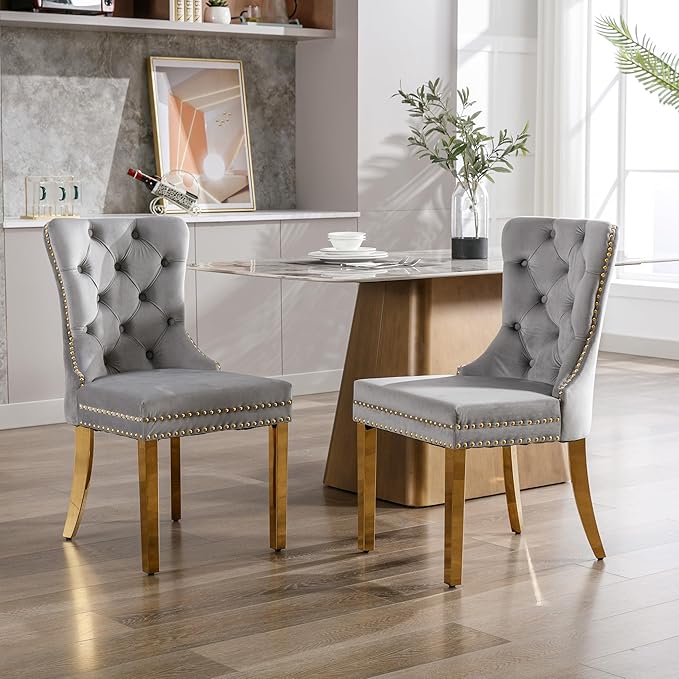 KCC Velvet Dining Chairs Set of 4, Upholstered High-end Tufted Dining Chair with Nailhead Back Ring Pull Trim Stainless Steel Legs, Contemporary Nikki Collection Modern Style for Kitchen, Light Gray