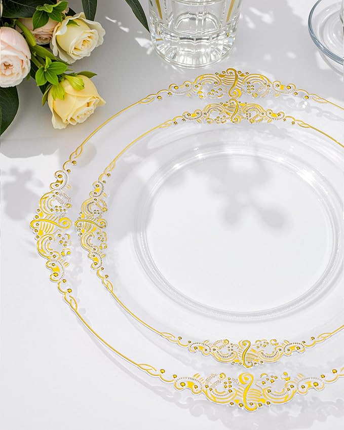 Nervure 100Pcs Clear and Gold Plastic Plates - Heavyweight Gold Disposable Plates - Plastic Plates Include 50Pcs 10.25inch Dinner Plate & 50Pcs 7.5inch Dessert Plate for Wedding & Party & Thanksgiving