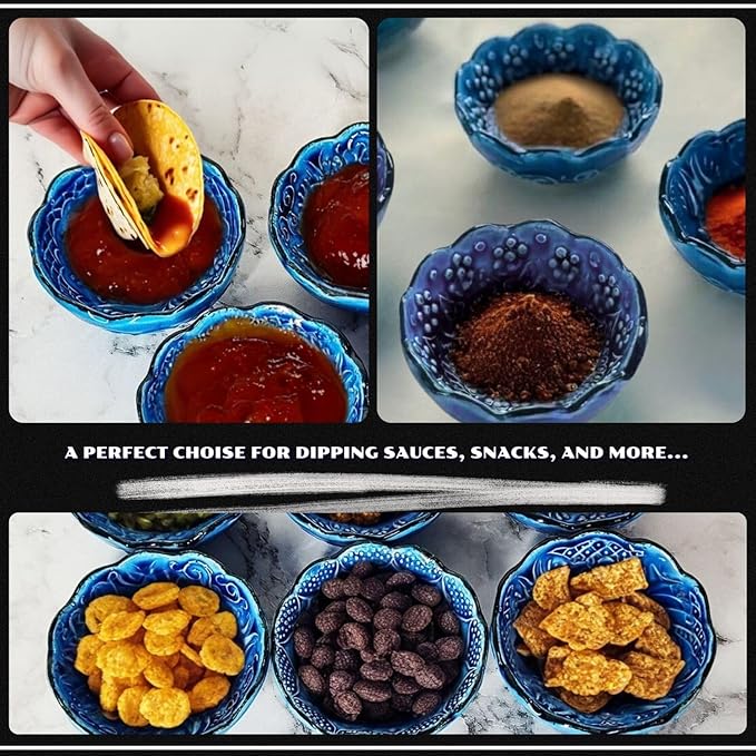 Handmade Decorative Turkish Ceramic Mini Pinch Bowls Set of 6 – Small Dipping & Serving Sauce Bowls, Blue Charcuterie Accessories, Hand-Painted Floral Pattern Snack Dishes for Kitchen & Table Decor